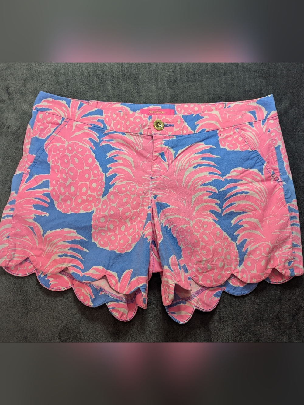 Tropical Pineapple Scallop Hem Cotton Shorts - Pink/Blue #424